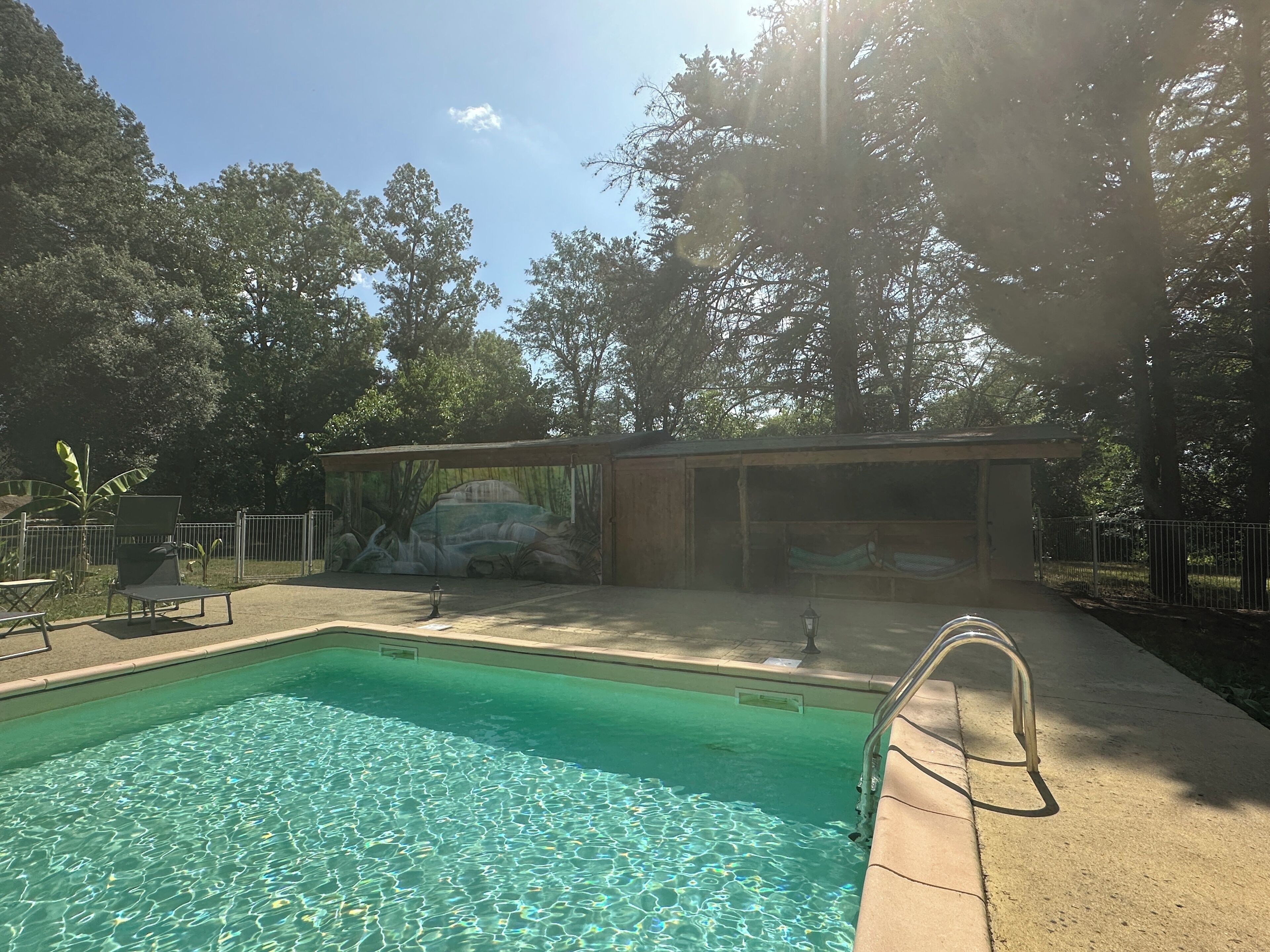Una piscina con un mural, rodeada de árboles y un área de descanso cubierta.