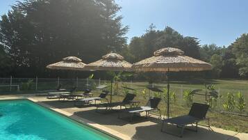 Seasonal outdoor pool, open 9:00 AM to 7:00 PM, pool umbrellas