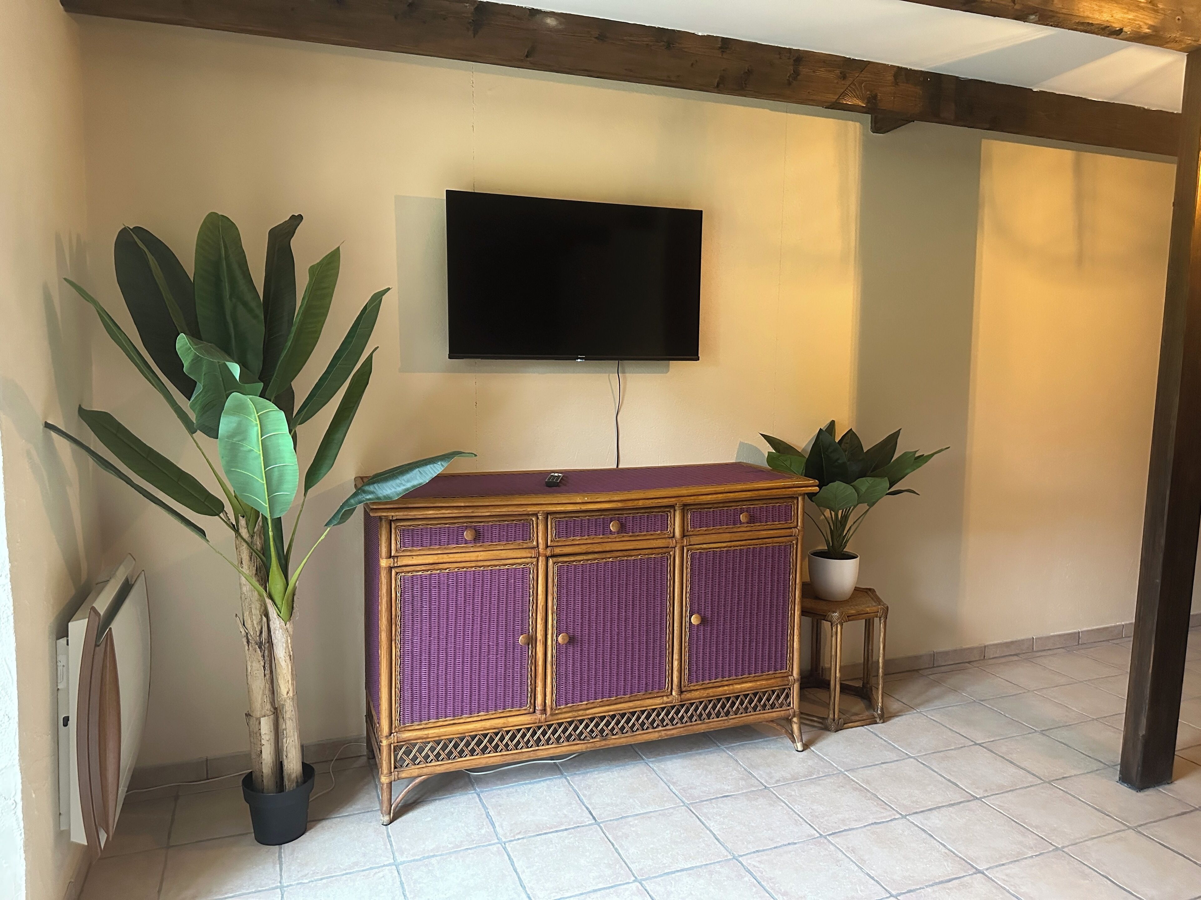 Una habitación con un armario de mimbre morado, un televisor montado en la pared y una planta en maceta.