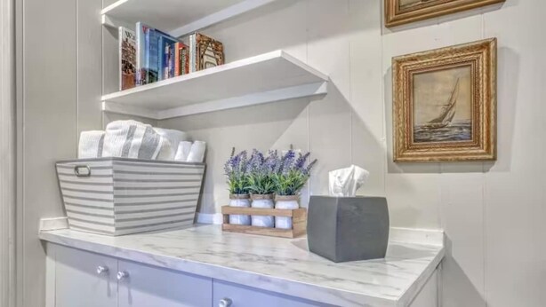A kitchen counter with a marble top, a striped basket, a tissue box, and a potted plant.