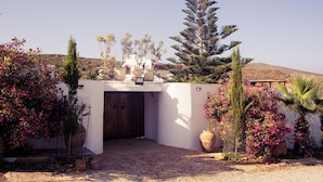 A building with a large wooden door, surrounded by potted plants and flowering shrubs. - Dar Lina  (El Haouaria)