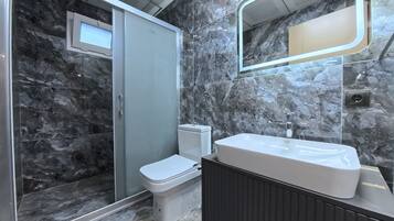 A modern bathroom with a glass shower enclosure, a toilet, and a vanity with a sink.