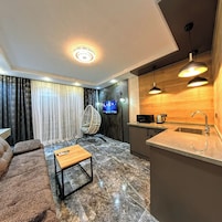 A modern living room with a sofa, a wooden coffee table, and a TV. The room has a kitchen area with a sink and a microwave.