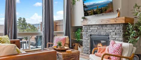 Télévision, cheminée, chaîne hi-fi