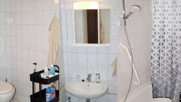 Hair dryer, towels, soap, toilet paper