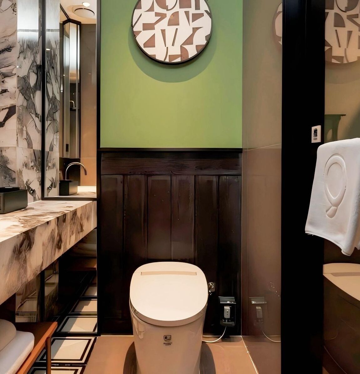 Une salle de bain moderne avec un meuble-lavabo en marbre, des toilettes et un mur d’accent vert.