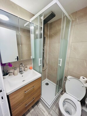 Shower, hair dryer, towels, soap