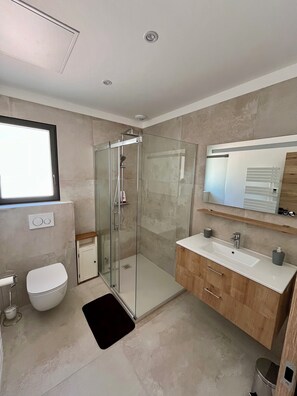 Shower, towels, soap, toilet paper