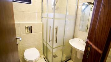 A bathroom with a glass-enclosed shower, a toilet, and a sink.