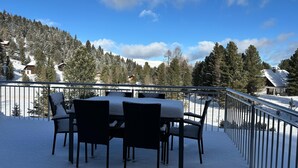 Lumisessa ulkoilma-alueessa on pöytä ja tuolit, ja se on ympäröity metallisella kaiteella. Alueelta avautuu näkymä lumiseen maisemaan, jossa on puita ja rakennuksia.