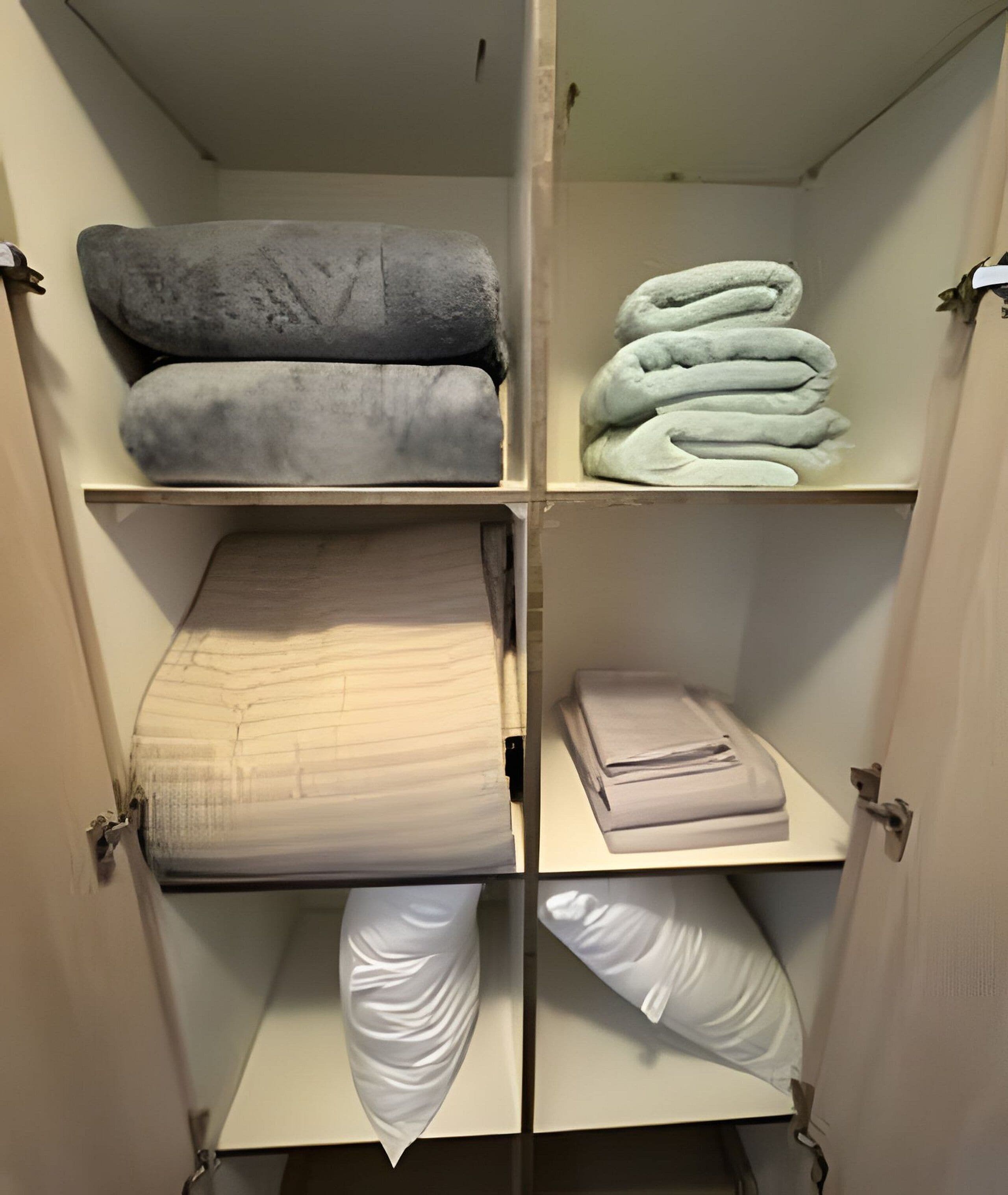 A closet with four shelves, each holding folded blankets or linens in different shades.