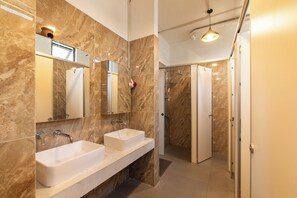 Douche, sèche-cheveux, savon, shampoing