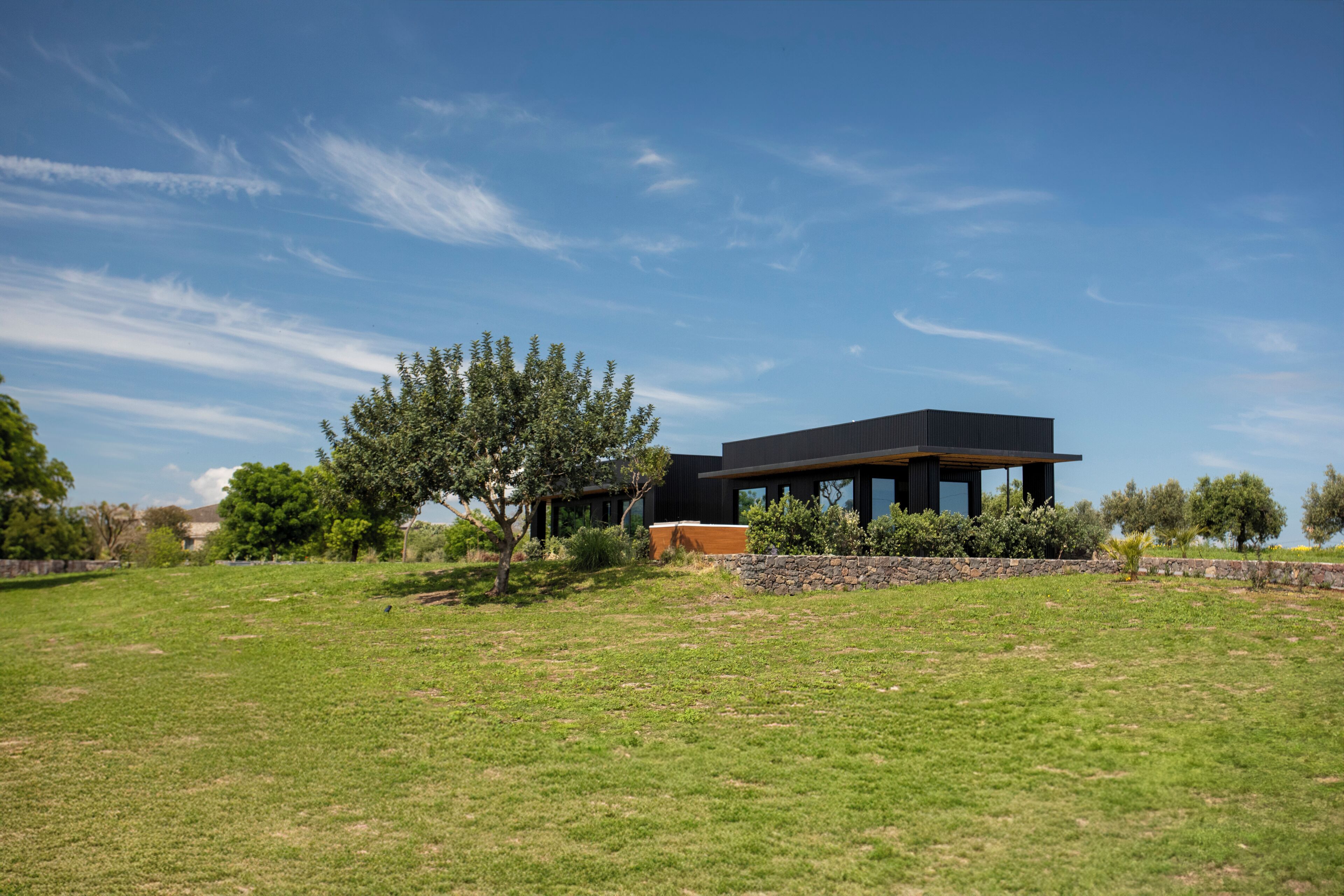 A modern building with a flat roof, surrounded by a grassy area and trees.