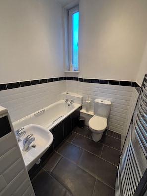 Hair dryer, towels, soap, toilet paper