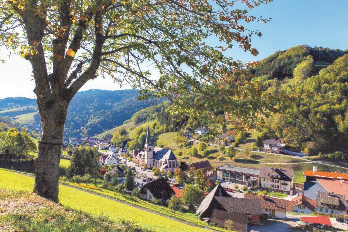 A rural village with traditional houses, a church, and a prominent tree in the foreground.