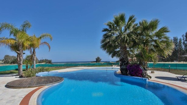 A swimming pool with a curved edge, surrounded by palm trees and a clear sky. - Harmony of Sea View & Nature,1BR (Polis Chrysochous)