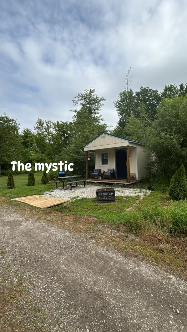 A small, single-story cabin with a porch, a picnic table, and a grill. - Charming 1-bedroom cabin in Geneva (Geneva)