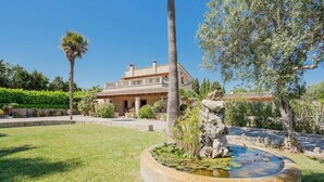 Une maison avec un jardin, comprenant un bassin avec des nénuphars et un palmier.