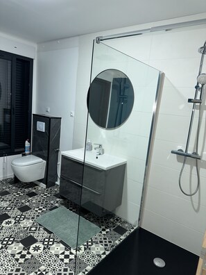 Hair dryer, towels, soap, toilet paper