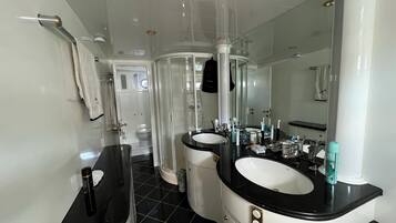 Shower, jetted bath, hair dryer, bidet