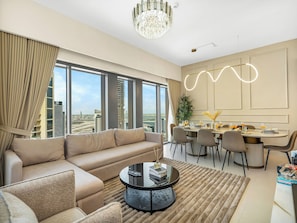 Panoramic Apartment, 4 Bedrooms, City View | Living area - Panoramic Burj Khalifa View by Propigo (Dubai)