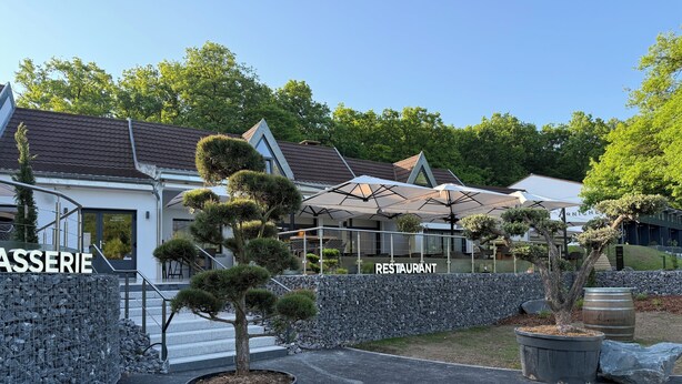 A restaurant with a stone wall and a bonsai tree in the foreground.