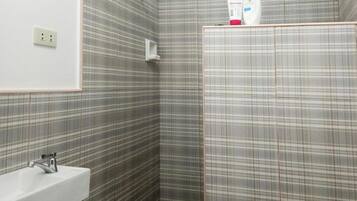 Shower, towels, soap, toilet paper