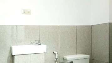 Shower, towels, soap, toilet paper