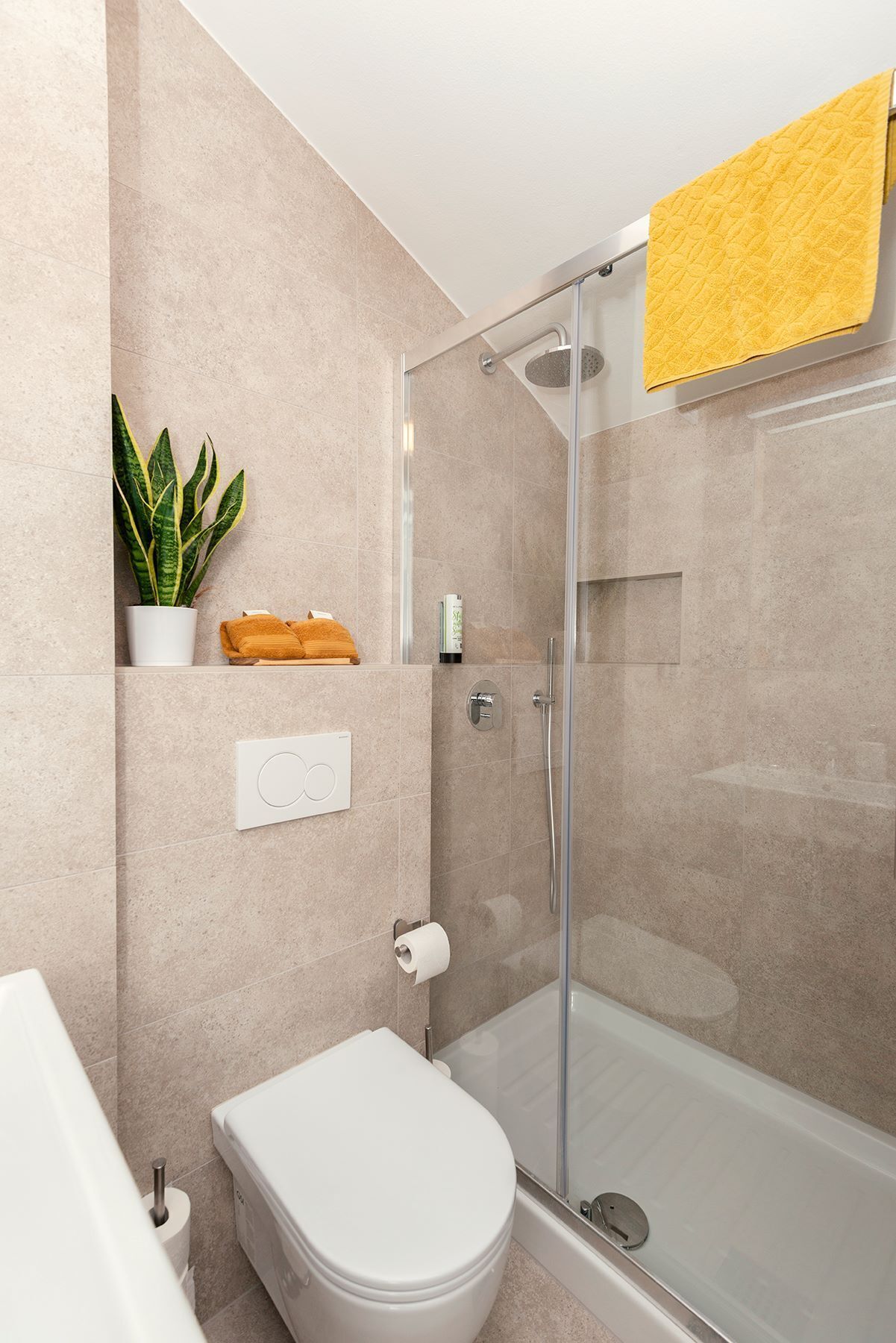 A modern bathroom with a glass shower enclosure, a toilet, a sink, and a potted plant.