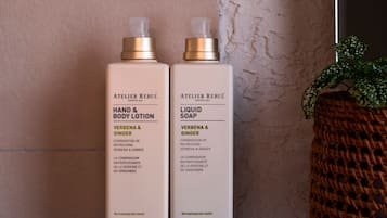 Chuveiro, secador de cabelo, toalhas de banho, sabonete