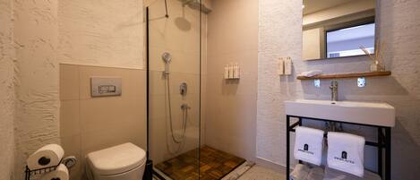 A modern bathroom with a glass-enclosed shower, a white toilet, and a sink with a mirror above it.