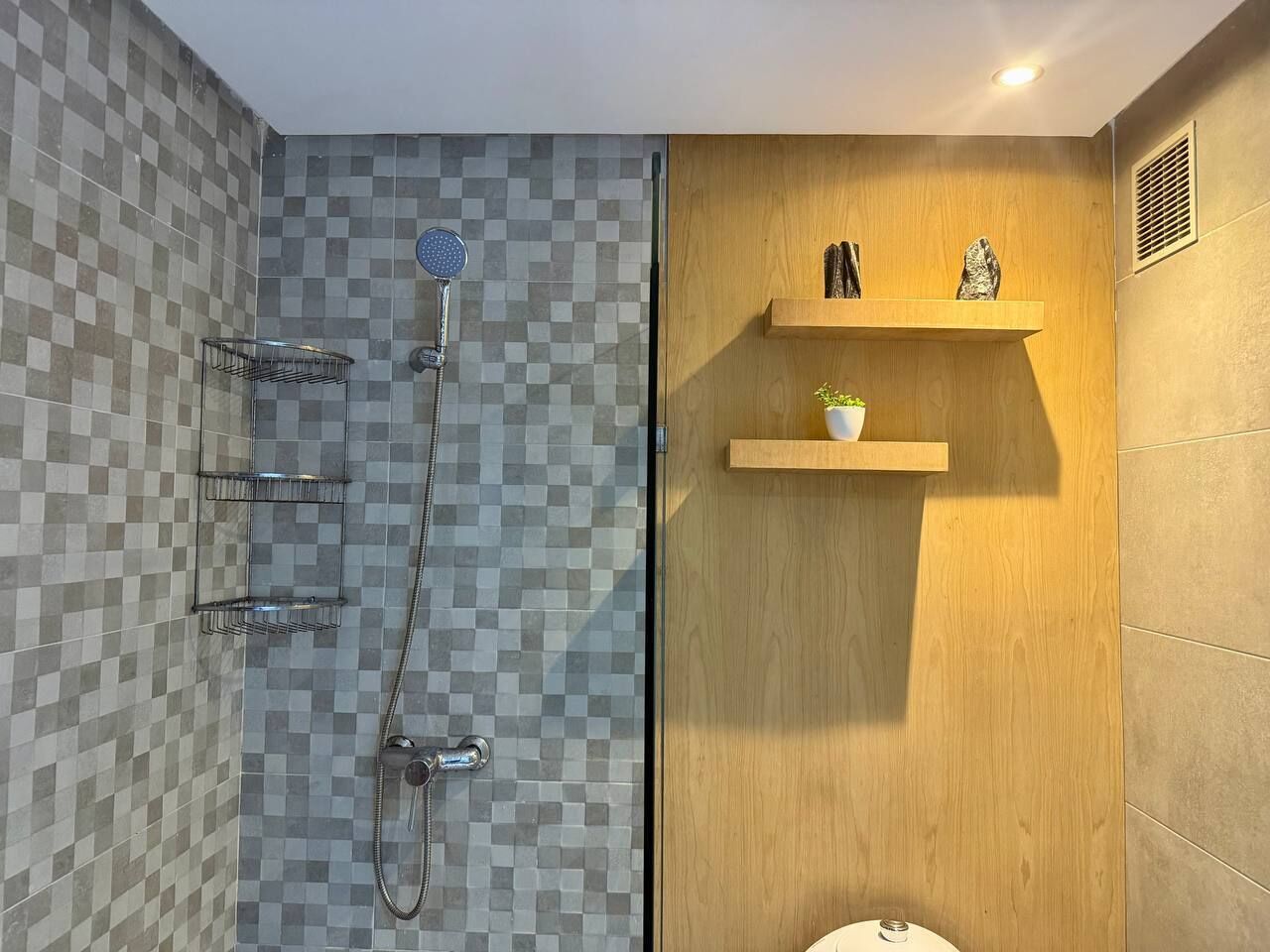 A bathroom with a shower, tiled walls, a wooden vanity, and a small shelf with a plant.
