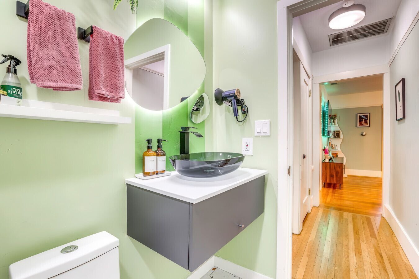 Hair dryer, towels, soap, shampoo