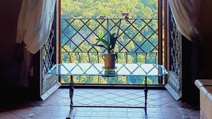 Una habitación con un ventanal grande, un tapete verde, una mesita pequeña y una planta en maceta.