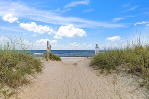 A sandy beach path leading to the ocean, with signs indicating beach access.