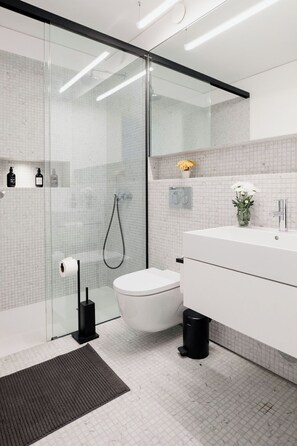 A modern bathroom with a glass shower enclosure, a toilet, a sink, and a small trash bin.