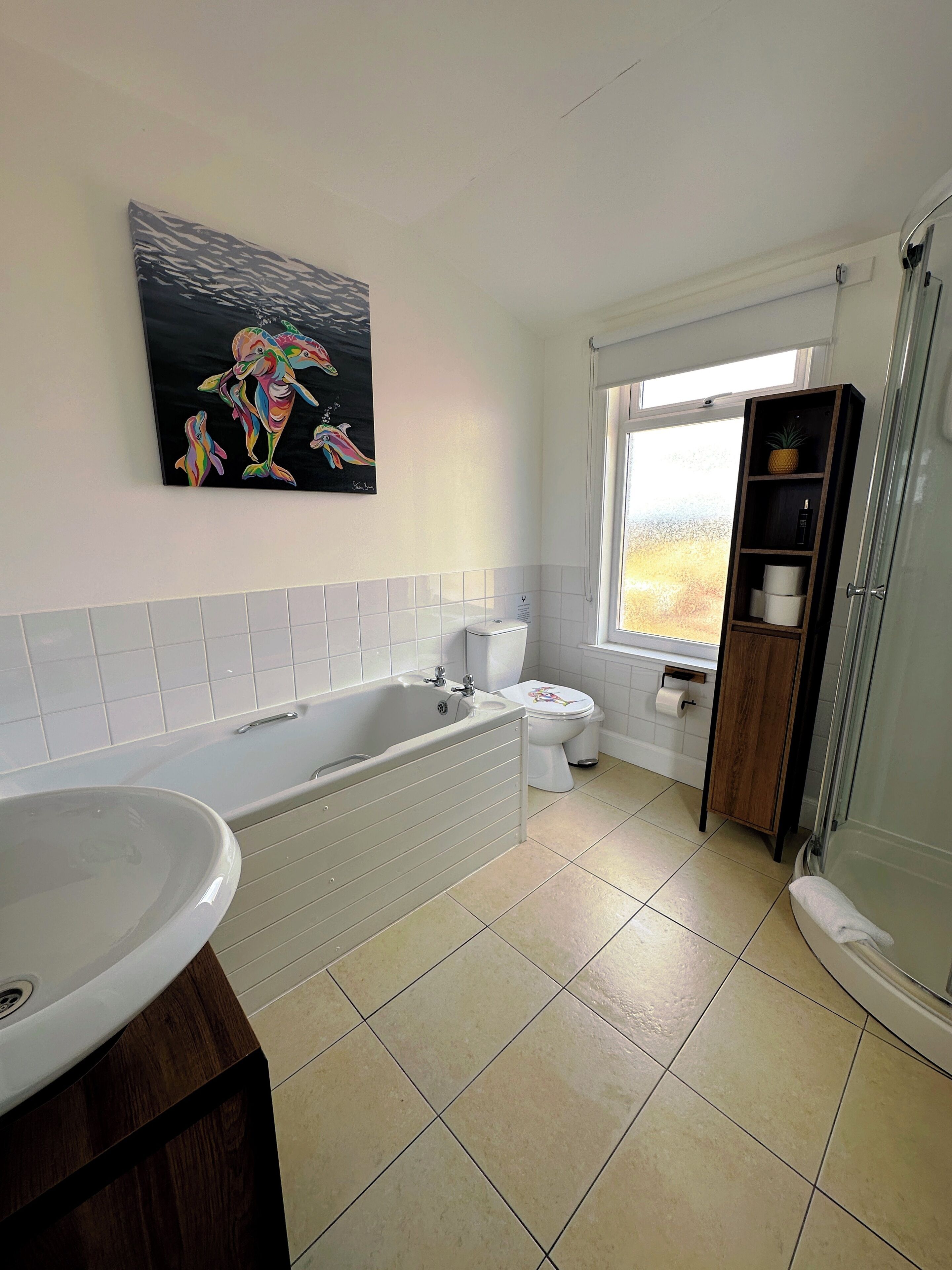 Shower, hair dryer, towels, soap