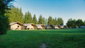 A row of cabins with pitched roofs, set in a grassy area with trees in the background. - Camping 2000 - Safaritent Medium (Osecná)