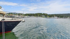 A marina with boats docked, calm water, and a forested hillside in the background.
