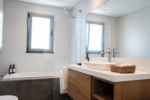 Hair dryer, bidet, towels, toilet paper