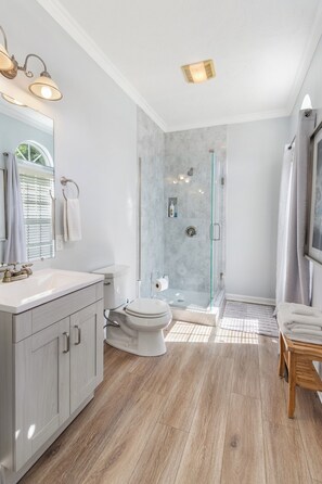 Shower, hair dryer, towels, soap