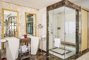 Hair dryer, bidet, towels, soap