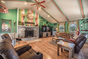 Smart TV, fireplace, foosball, books