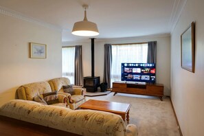 TV connectée, cheminée, livres