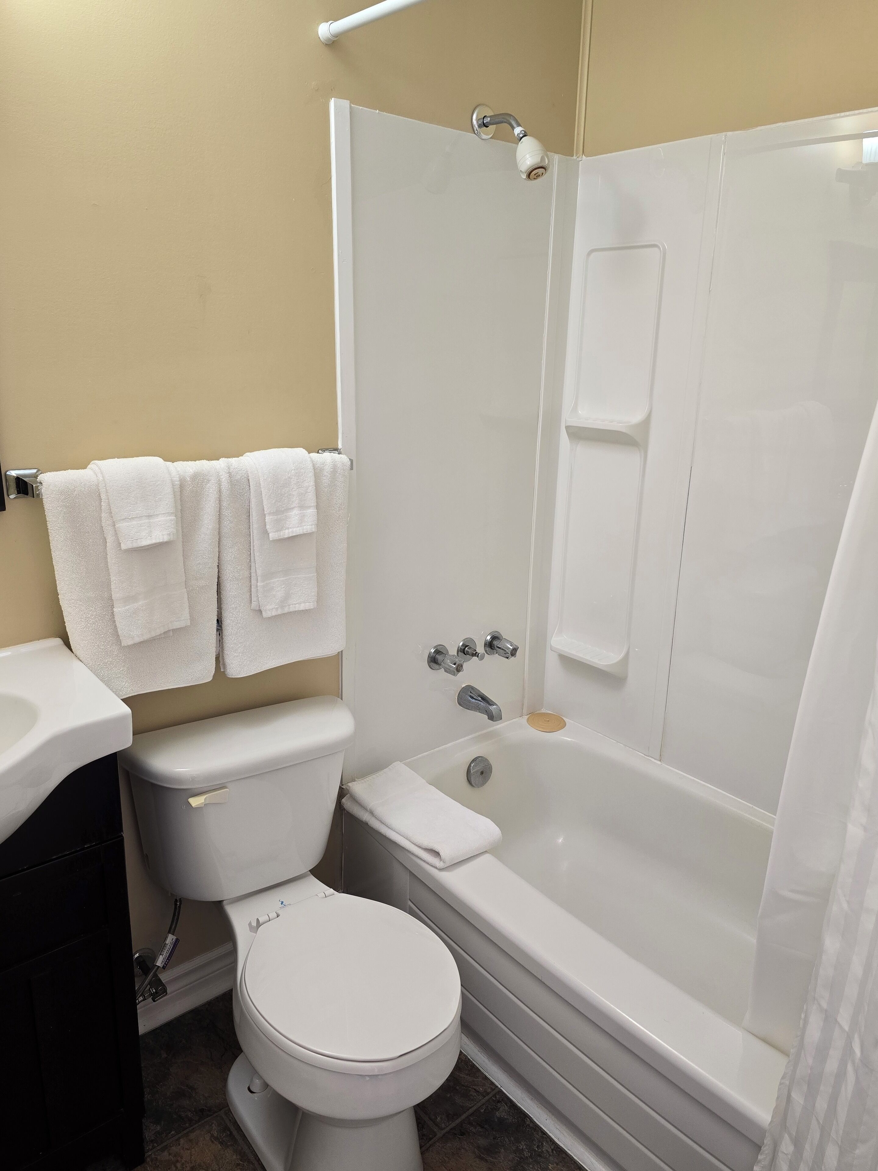 Bathtub, hair dryer, towels, soap