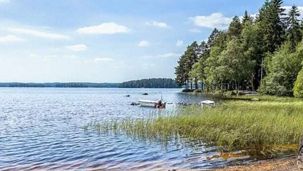 A lakeside view with a dock, calm water, and dense trees. - 7 Person Holiday Home in Hestra (Hestra)