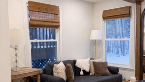 A cozy living room with a dark grey sofa, a wooden coffee table, and a patterned rug. There are two windows with brown blinds, a lamp, and a decorative item on the coffee table.