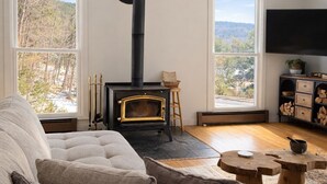 A living room with a fireplace, a sofa, a television, and large windows with a view of trees and hills.