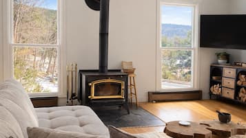 Smart-TV, Kamin, Videospiele, Bücher