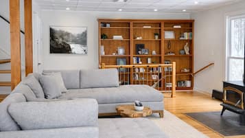 Smart-TV, Kamin, Videospiele, Bücher